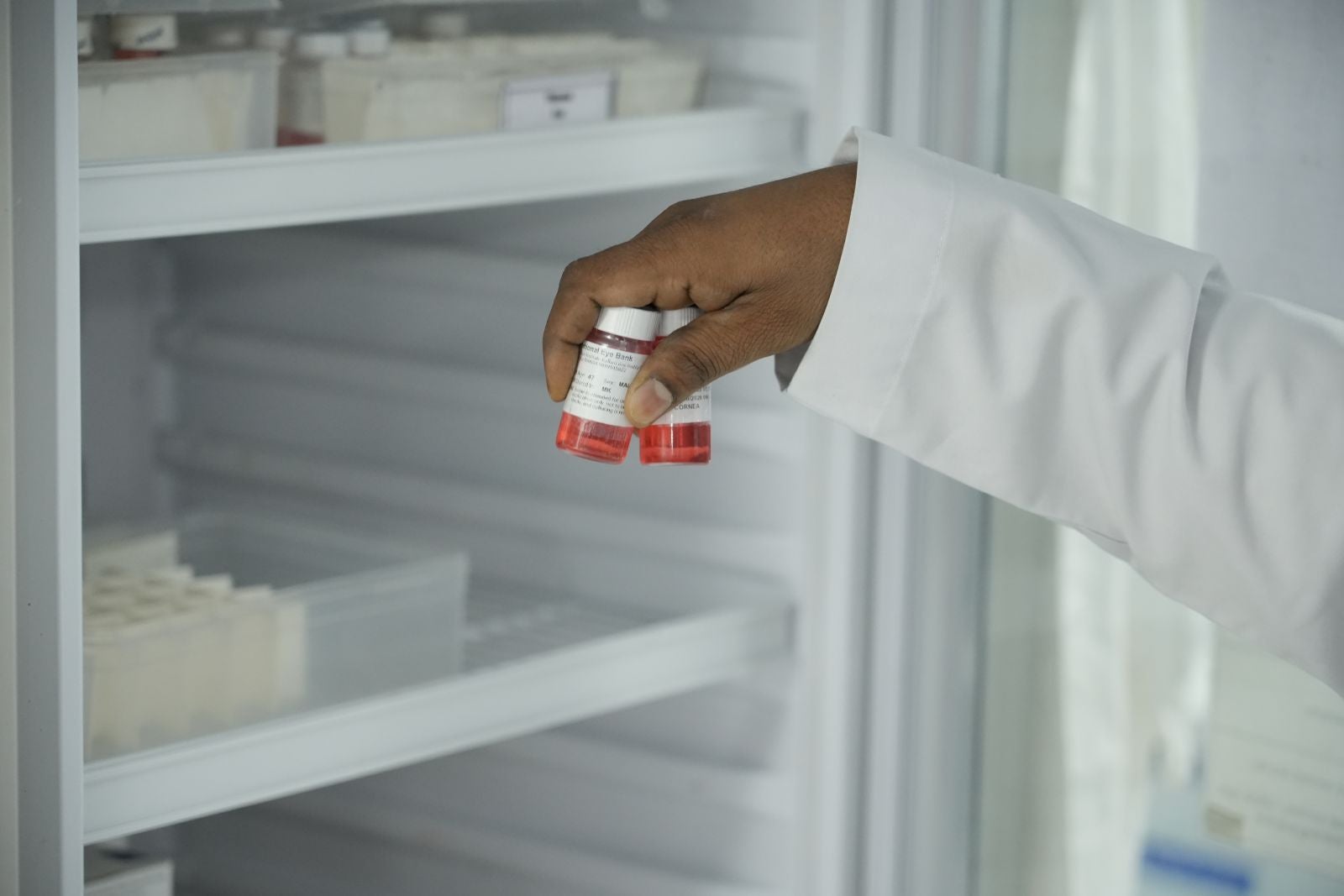 A preserved corneal tissue vial being prepared for transit