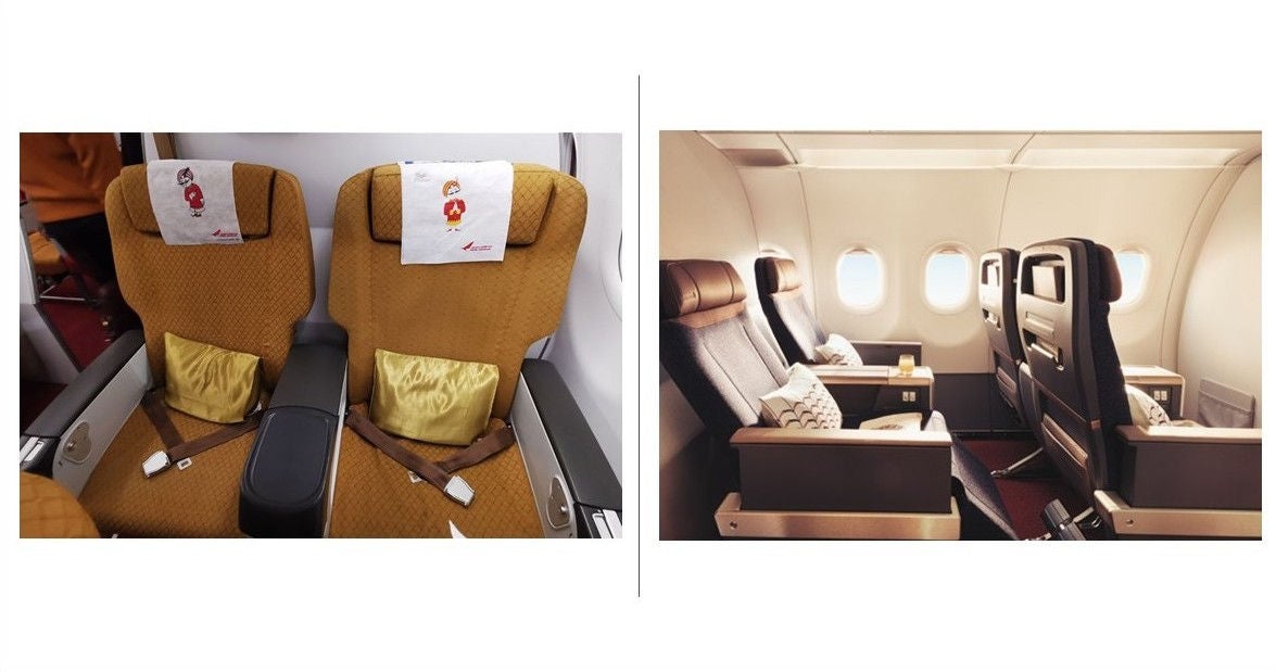 Old business class seats versus the refreshed new business class cabin  on Air India's narrowbody fleet