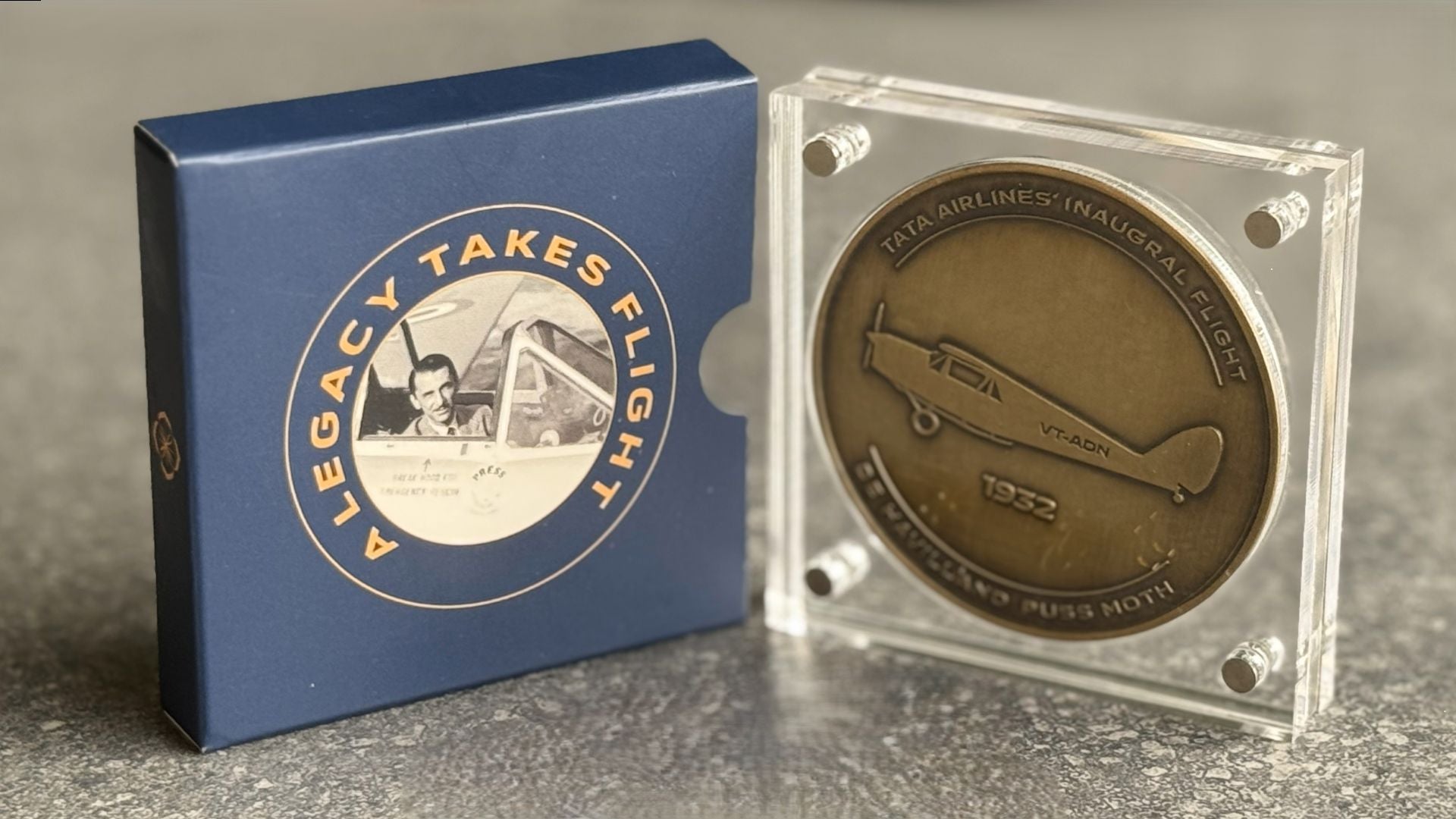 Commemorative limited-edition brass medallion celebrating J. R. D. Tata’s historic first flight in 1932