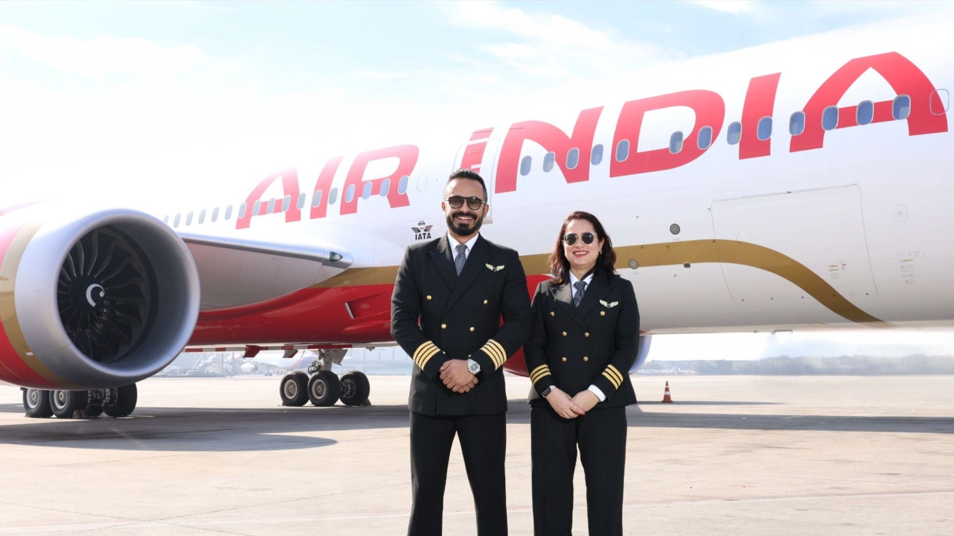 Air India Pilots pose in front of the B787-9 aircraft